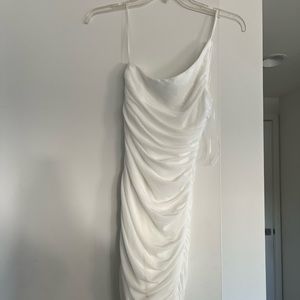 One shoulder white ruched mini dress.